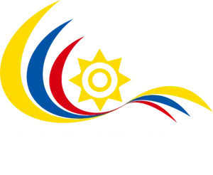 Abstract logo featuring a yellow sun with multicolored sweeping ribbons (yellow, blue, red).