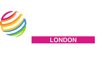 Colorful circular globe-like logo with interwoven ribbons and a magenta badge reading LONDON.