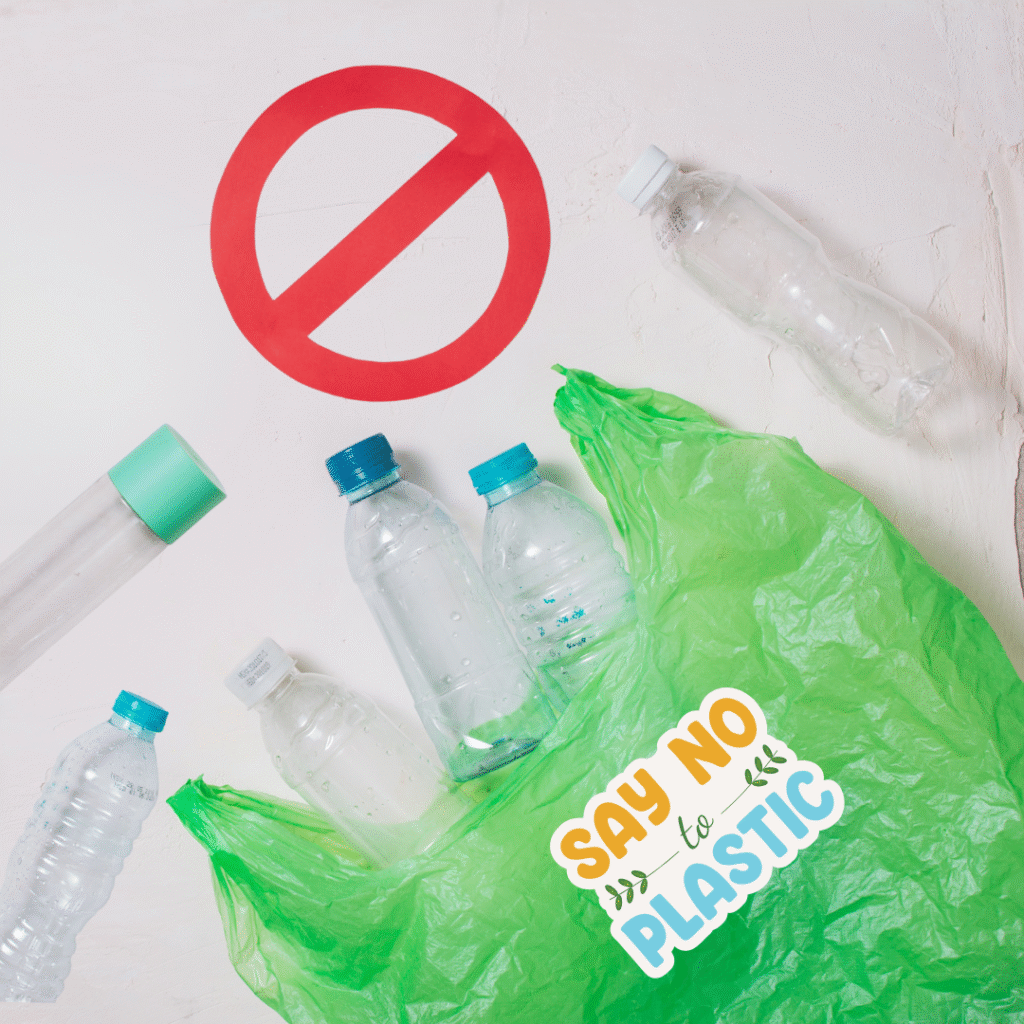Plastic bottles scattered around a green bag with a 'Say No to Plastic' sticker and a large red prohibition sign.