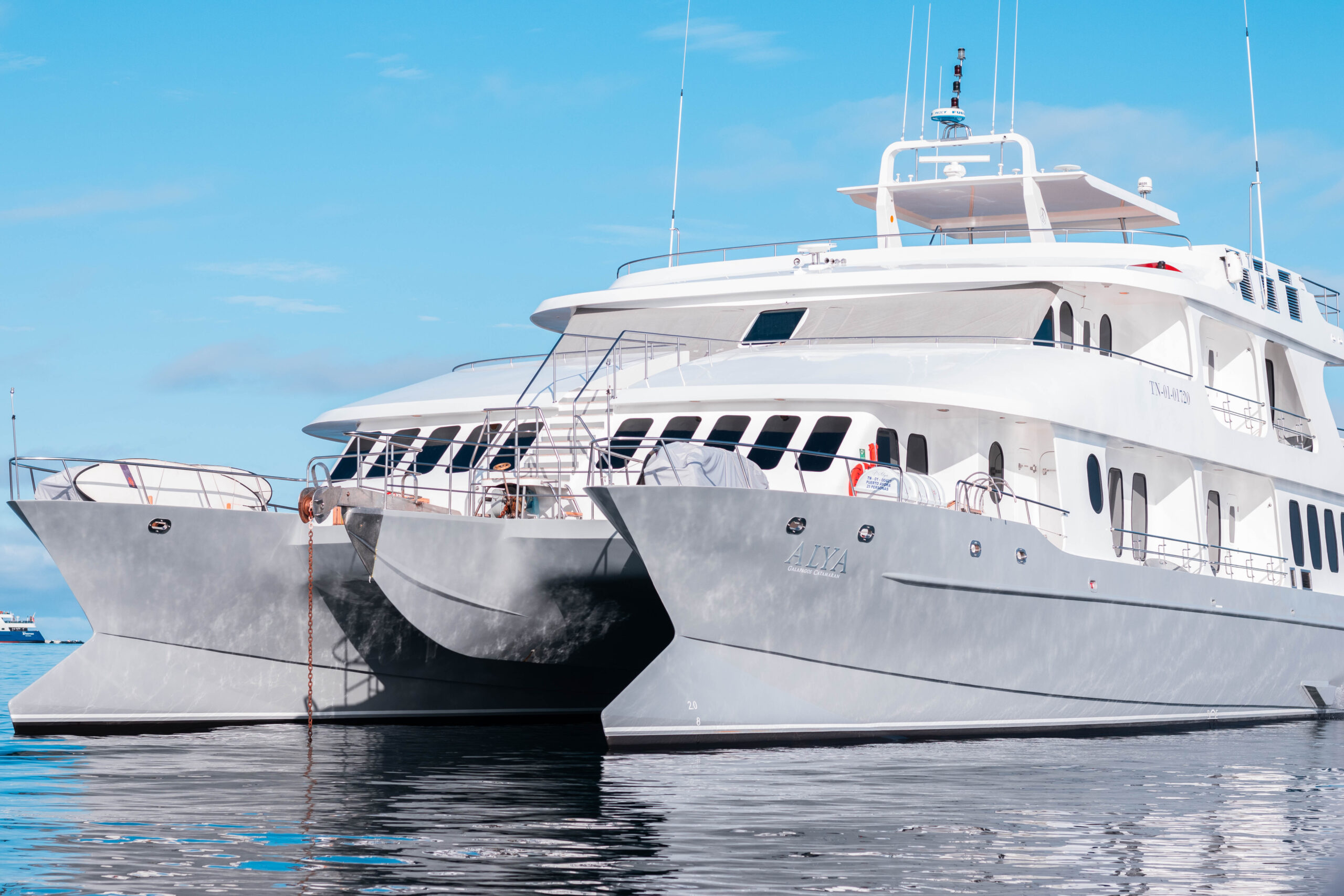 Alya Exterior View Alya luxury catamaran cruising near the Galapagos Islands