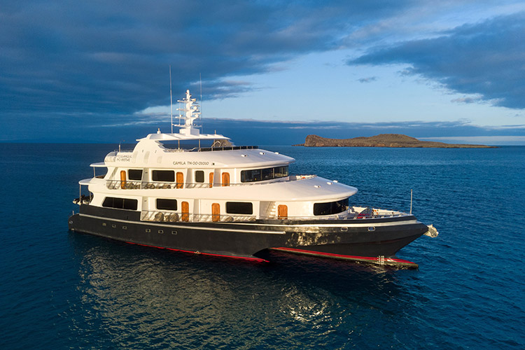 Luxury motor yacht with multiple decks on calm blue sea, small island on the horizon, clear sky appearance.
