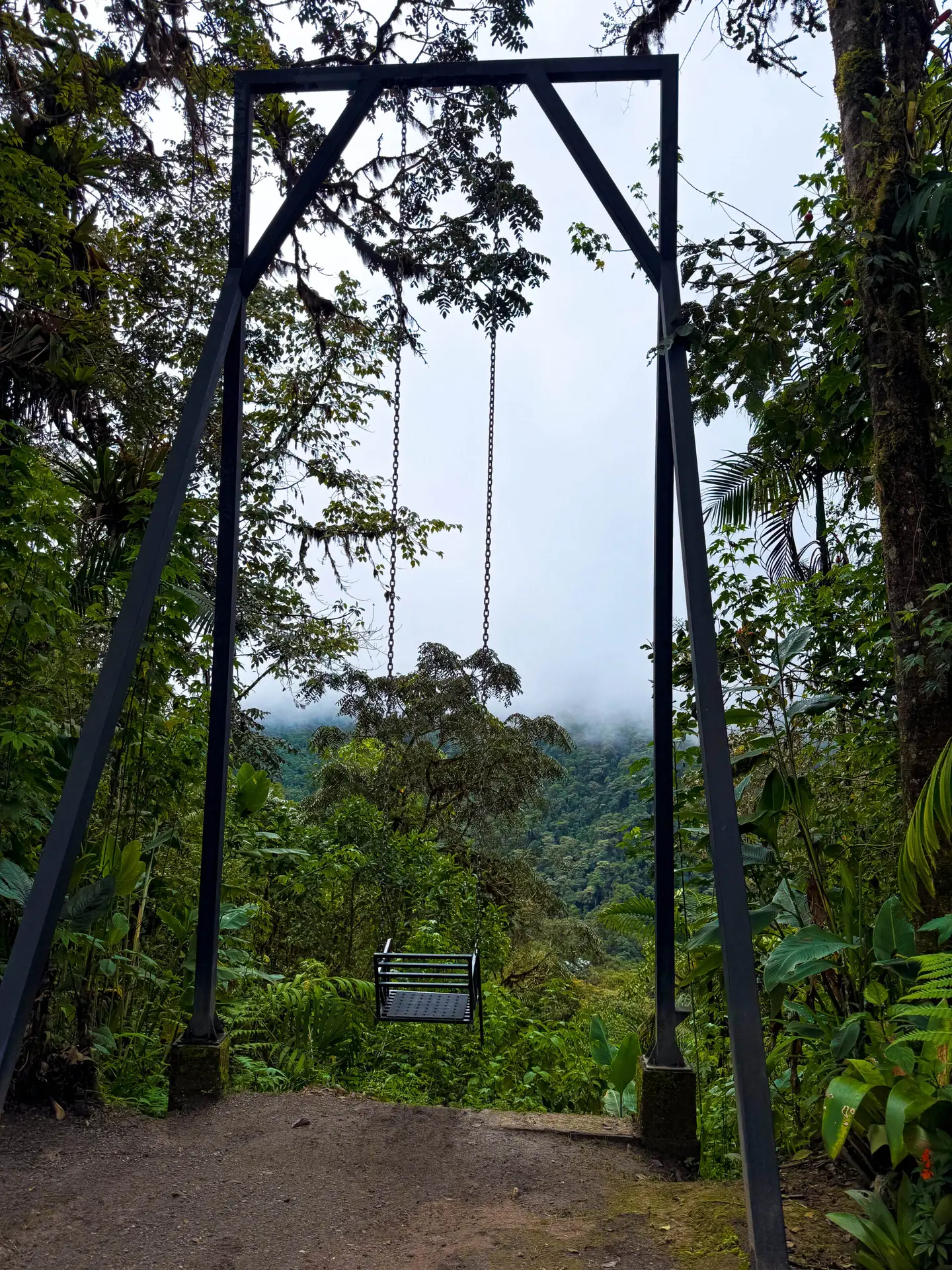 Metal swing set in a dense jungle, single swing seat hanging from a tall frame overlooking a misty valley.