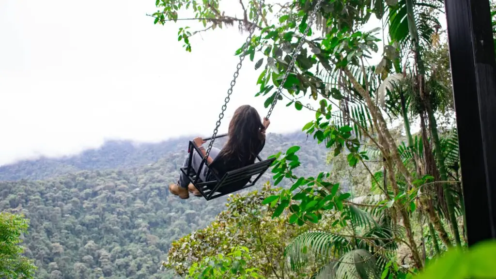 Person sits on a swing hanging from a metal frame among lush tropical plants with a distant mountain valley in view.