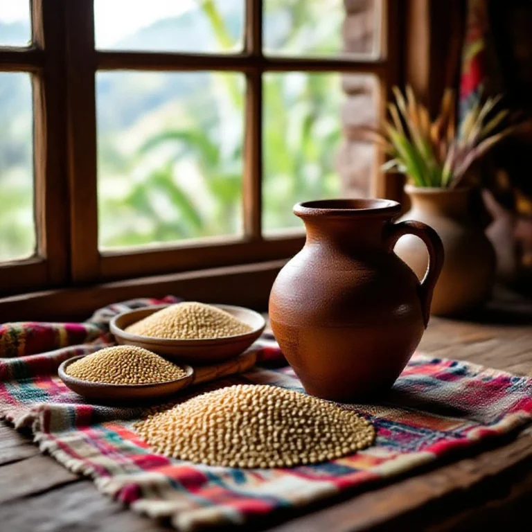 Brown ceramic pitcher with two bowls of millet seeds on a colorful plaid cloth by a sunlit window.