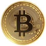 Gold Bitcoin coin with a large BTC symbol, intricate circuit patterns, and edge inscriptions emphasizing digital currency and blockchain.