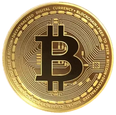 Gold Bitcoin coin with a large BTC symbol, intricate circuit patterns, and edge inscriptions emphasizing digital currency and blockchain.