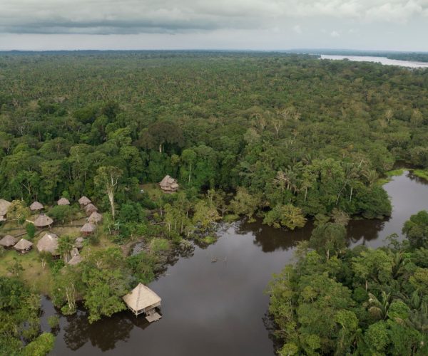 Aerial view of dense tropical forest with a winding river and small thatched-roof huts along the banks.