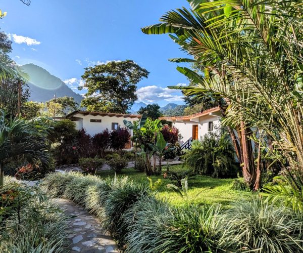 Tropical garden path leading to a white house, with palm trees and mountains in the background under a bright blue sky.