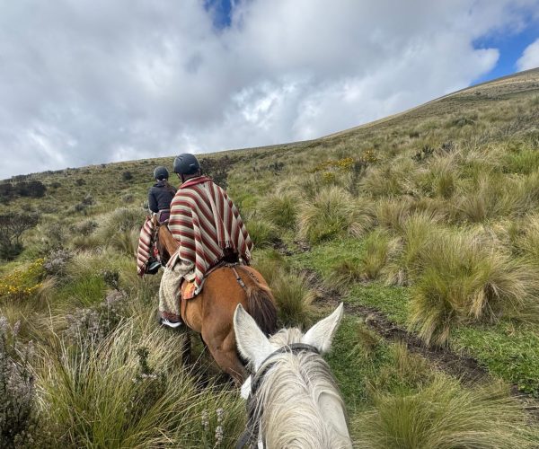 Group of riders on horseback trekking up a grassy hillside under a cloudy sky; riders wear helmets and striped ponchos/polished blankets.